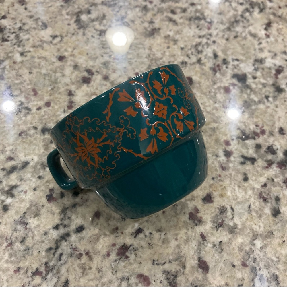 World Market Set of 6 coffee cups with metal holder **1 glued back* Holder Rustd - Picture 9 of 16